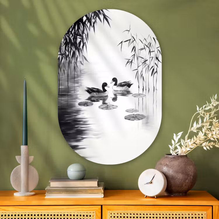 Eenden - Waterlelies - Riet - Zwart Wandcirkel Ovaal Glas middel -sfeer2