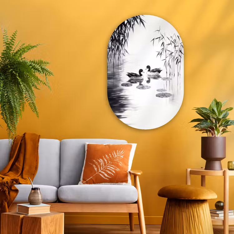 Eenden - Waterlelies - Riet - Zwart Wandcirkel Ovaal Glas middel -sfeer4