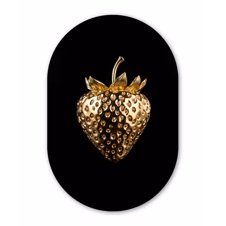 Aardbei - Goud - Zwart - Chrome Wandcirkel Ovaal Glas middel -3d