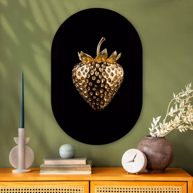 Aardbei - Goud - Zwart - Chrome Wandcirkel Ovaal Glas middel -sfeer2