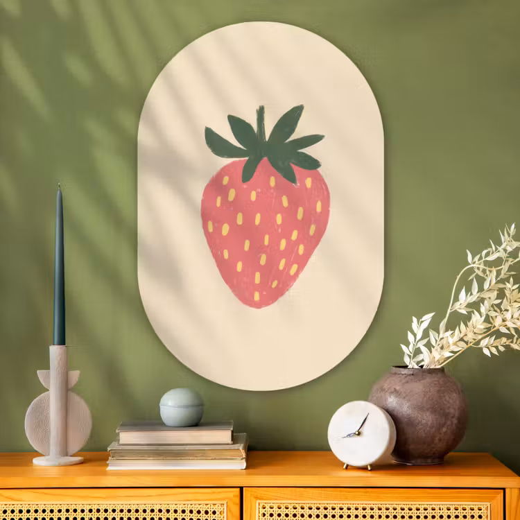 Aardbei - Minimalistisch - Rood - Fruit Wandcirkel Ovaal Glas middel -sfeer2