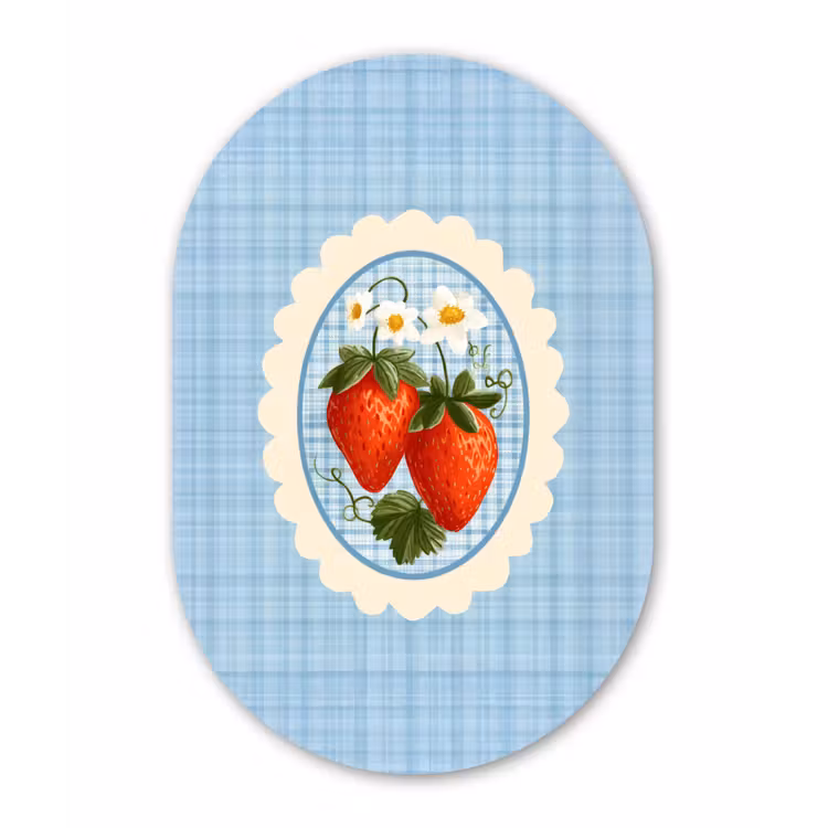 Aardbeien - Lijst - Rood - Geruit Wandcirkel Ovaal Glas middel -3d