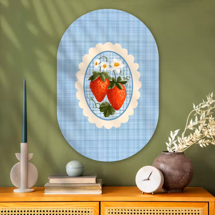 Aardbeien - Lijst - Rood - Geruit Wandcirkel Ovaal Glas middel -sfeer2