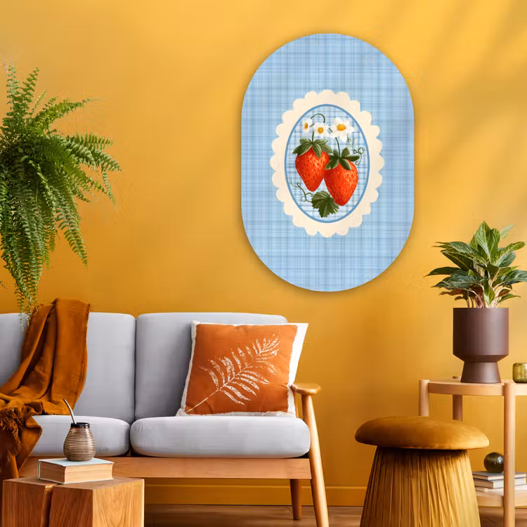 Aardbeien - Lijst - Rood - Geruit Wandcirkel Ovaal Glas middel -sfeer4