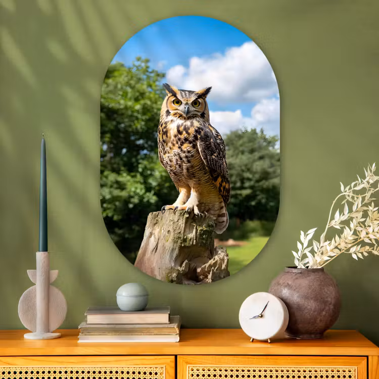 Uil - Boomstronk - Bos - Lucht Wandcirkel Ovaal Glas middel -sfeer2