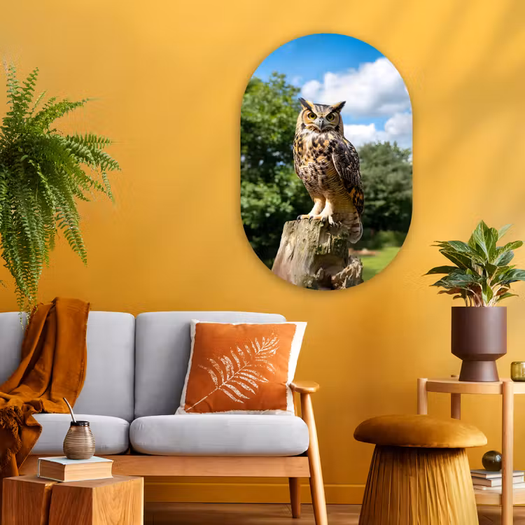 Uil - Boomstronk - Bos - Lucht Wandcirkel Ovaal Glas middel -sfeer4