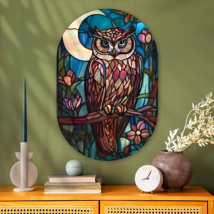 Uil - Mozaïek - Maan - Nacht Wandcirkel Ovaal Glas middel -sfeer2