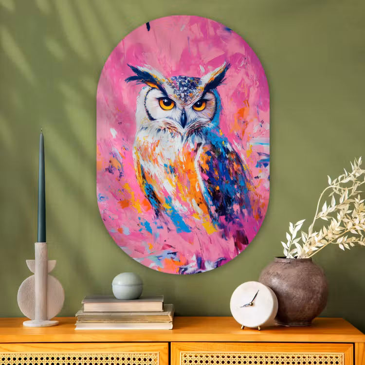 Uil - Roze - Blauw - Verf - Abstract Wandcirkel Ovaal Glas middel -sfeer2