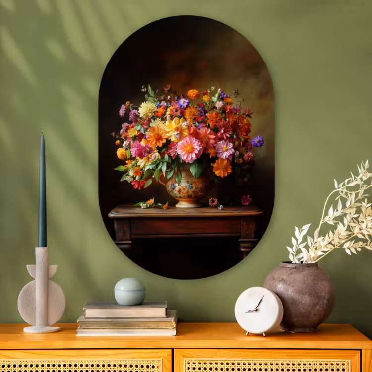 Kleuren - Boeket - Vaas - Hout Wandcirkel Ovaal Glas middel -sfeer2