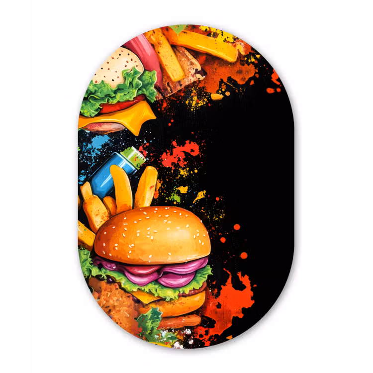Fastfood - Graffiti - Hamburger - Eten - Modern Wandcirkel Ovaal Glas middel -3d