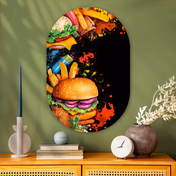 Fastfood - Graffiti - Hamburger - Eten - Modern Wandcirkel Ovaal Glas middel -sfeer2