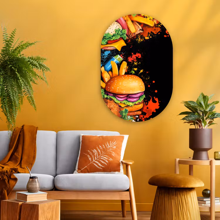 Fastfood - Graffiti - Hamburger - Eten - Modern Wandcirkel Ovaal Glas middel -sfeer4