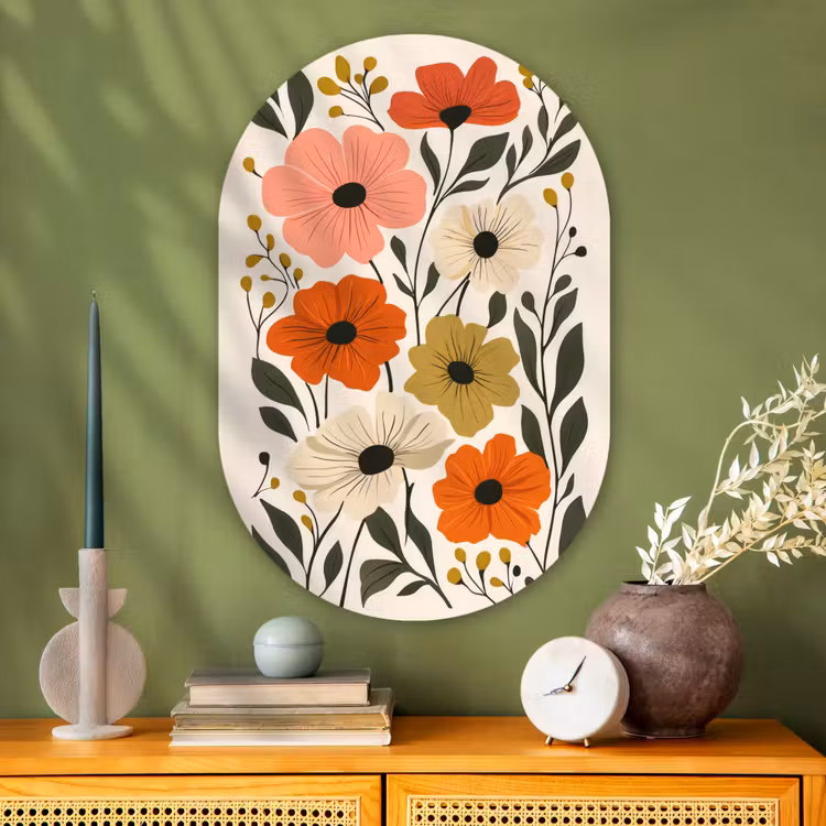 Veldbloemen - Stengels - Blaadjes - Groen Wandcirkel Ovaal Glas middel -sfeer2