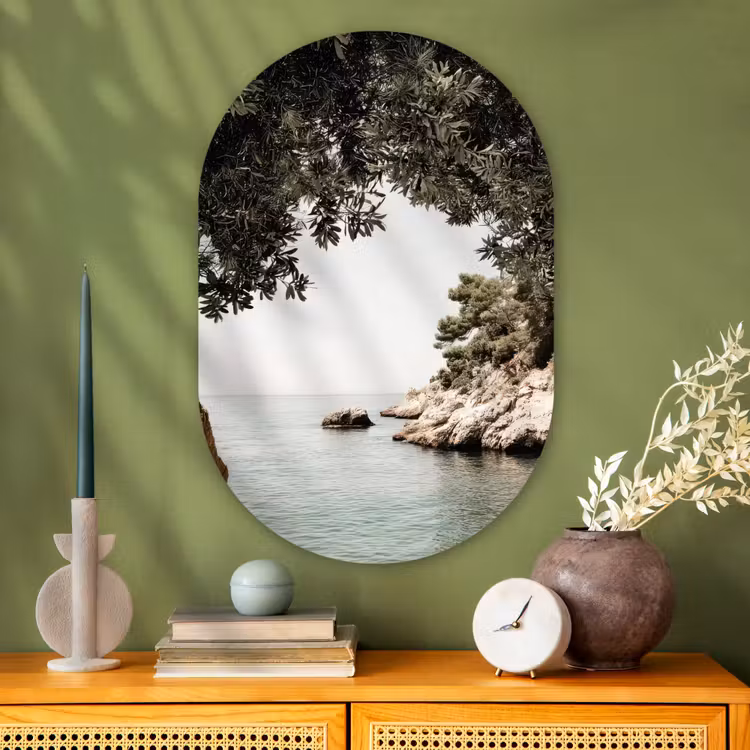 Rotsen - Zee - Boom - Groen Wandcirkel Ovaal Glas middel -sfeer2