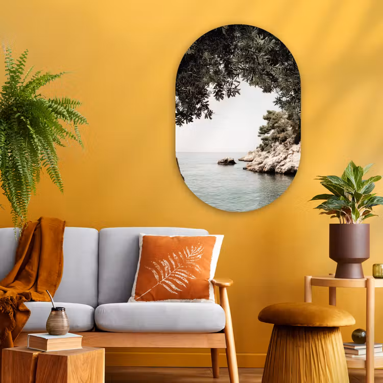 Rotsen - Zee - Boom - Groen Wandcirkel Ovaal Glas middel -sfeer4