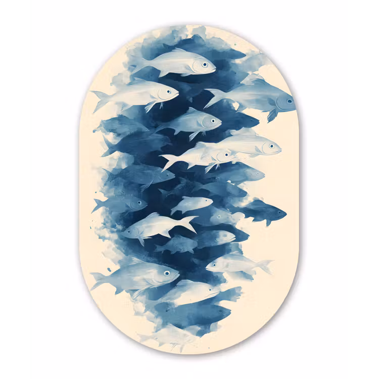 Vissen - Minimalistisch - Blauw Wandcirkel Ovaal Glas middel -3d