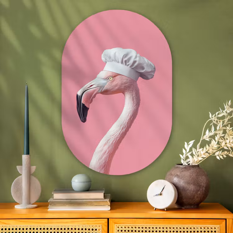 Flamingo - Roze - Koksmuts - Vogel Wandcirkel Ovaal Glas middel -sfeer2