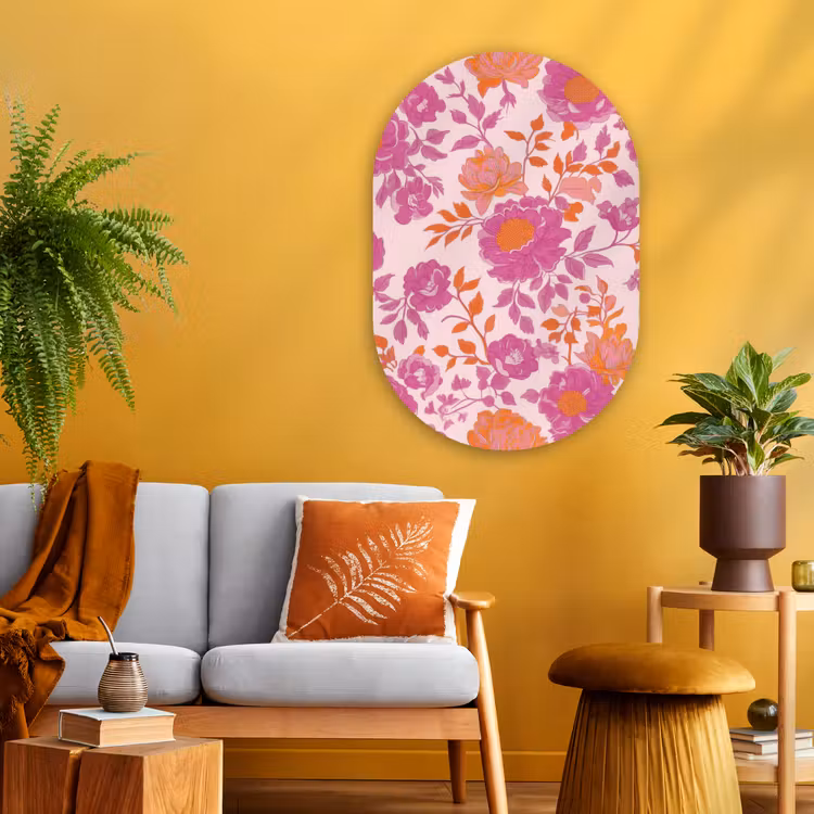 Bloemenpatroon - Roze - Oranje - Bloemen Wandcirkel Ovaal Glas middel -sfeer4
