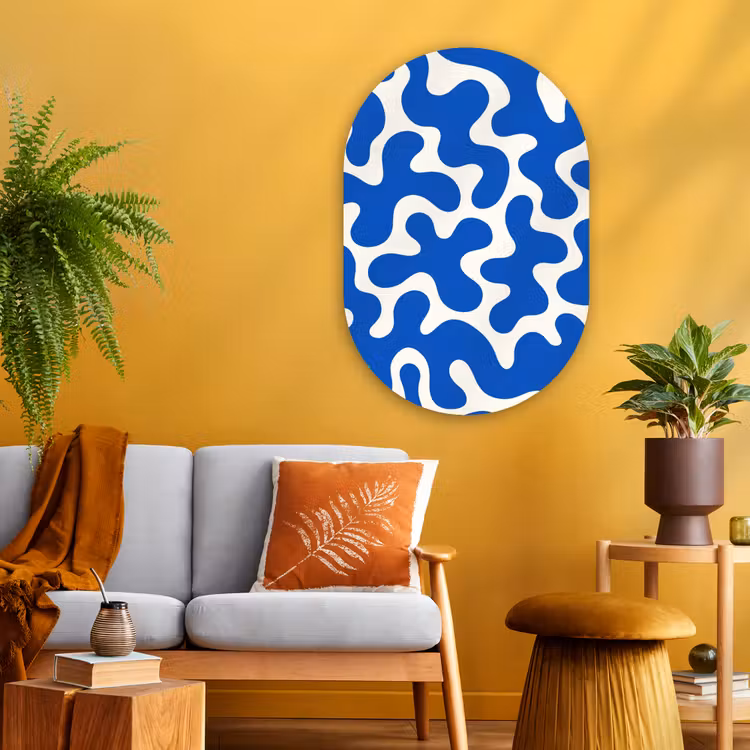 Vormen - Abstract - Blauw - Golven Wandcirkel Ovaal Glas middel -sfeer4