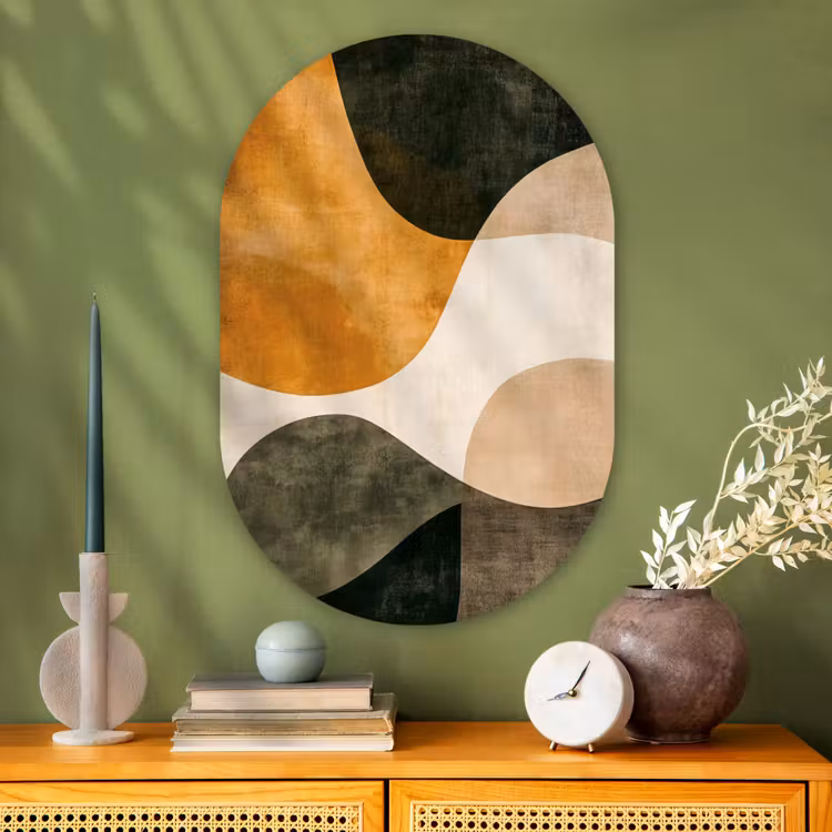 Vormen - Okergeel - Abstract Wandcirkel Ovaal Glas middel -sfeer2