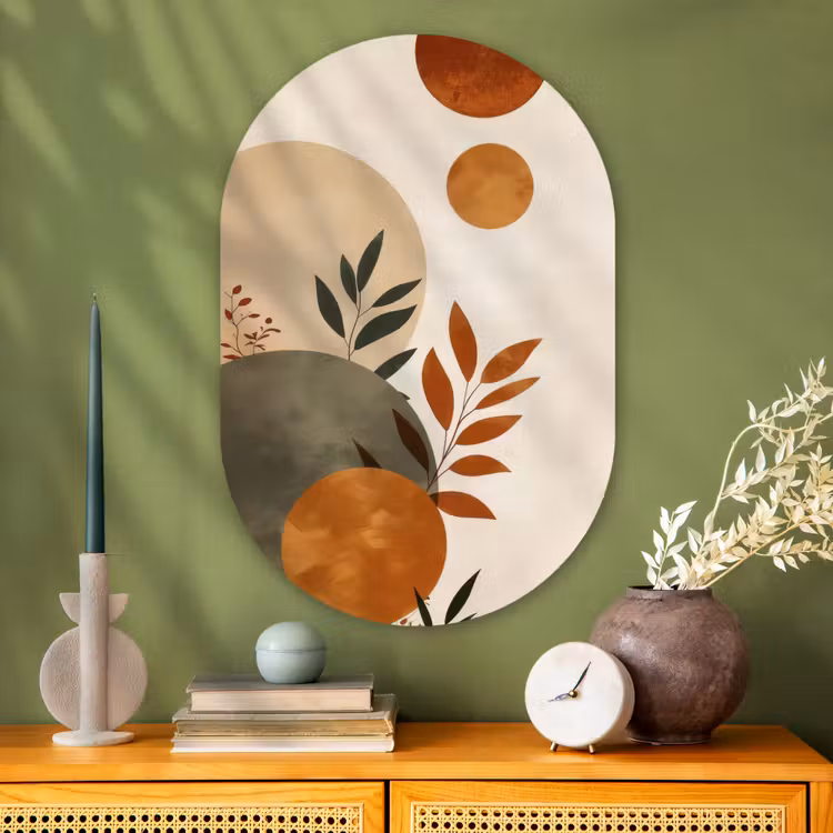 Vormen - Rond - Bladeren - Beige Wandcirkel Ovaal Glas middel -sfeer2