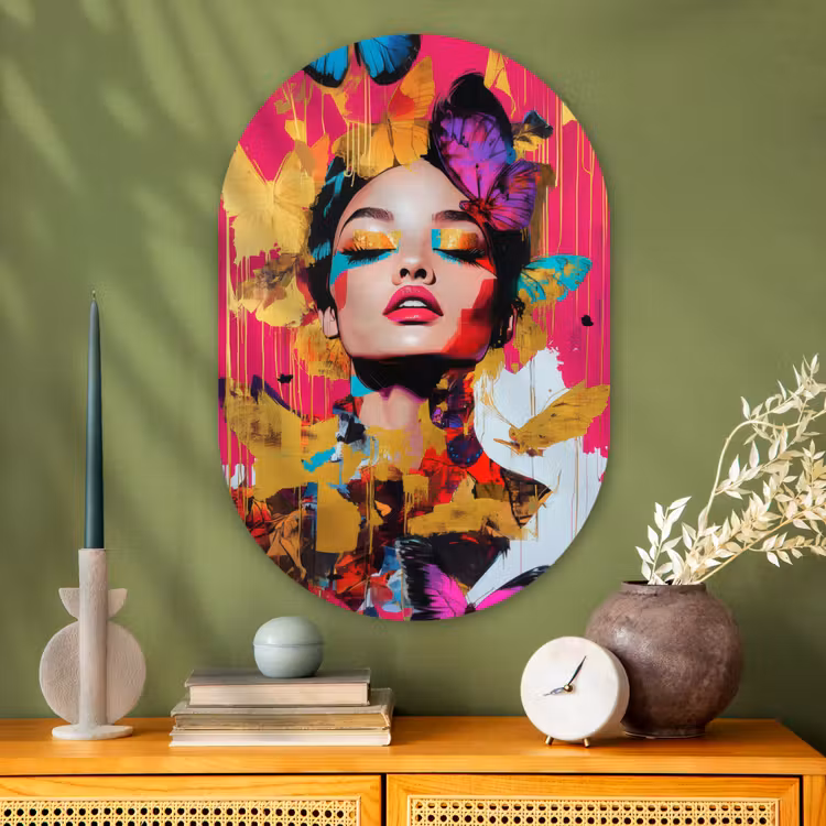 Vrouw - Abstract - Kleurrijk Wandcirkel Ovaal Glas middel -sfeer2