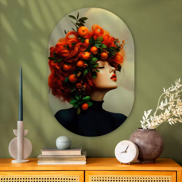 Vrouw - Appels - Rood - Bladeren Wandcirkel Ovaal Glas middel -sfeer2