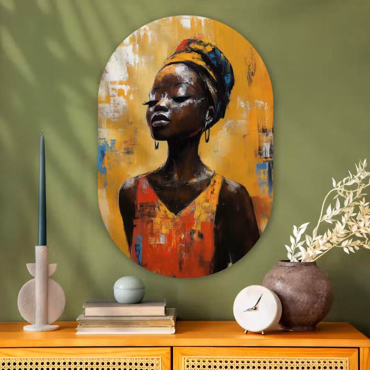 Vrouw - Ogen - Penseelstreken - Geel Wandcirkel Ovaal Glas middel -sfeer2