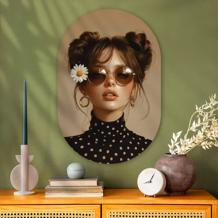 Vrouw - Beige - Bloem - Modern - Portret Wandcirkel Ovaal Glas middel -sfeer2