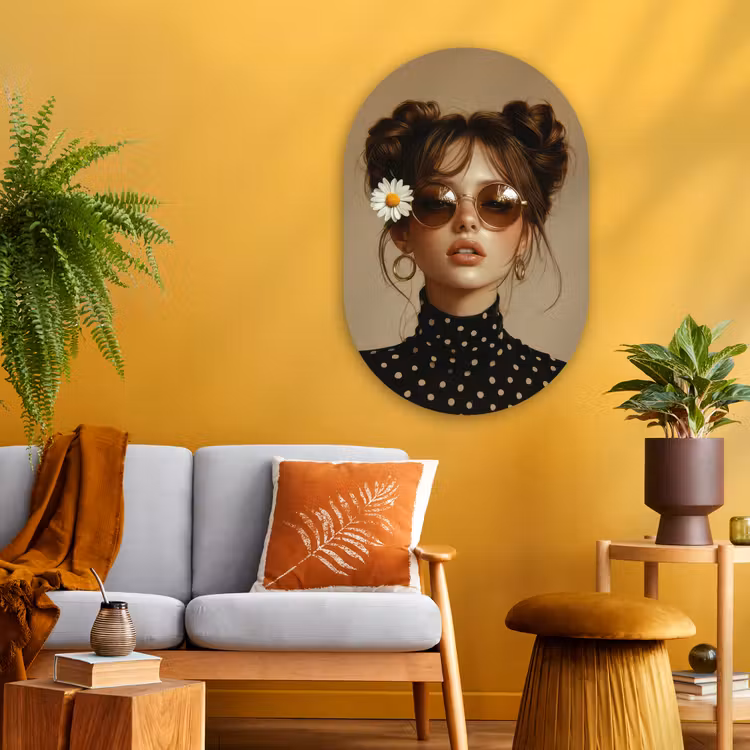Vrouw - Beige - Bloem - Modern - Portret Wandcirkel Ovaal Glas middel -sfeer4