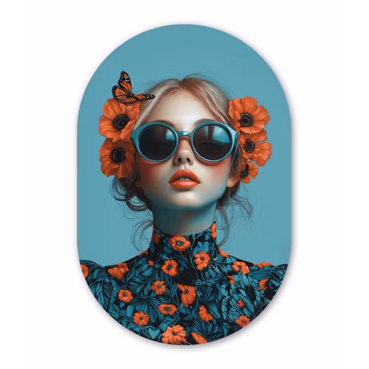 Vrouw - Blauw - Vlinder - Bloemen - Aesthetic Wandcirkel Ovaal Glas middel -3d