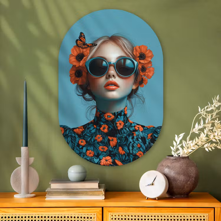 Vrouw - Blauw - Vlinder - Bloemen - Aesthetic Wandcirkel Ovaal Glas middel -sfeer2