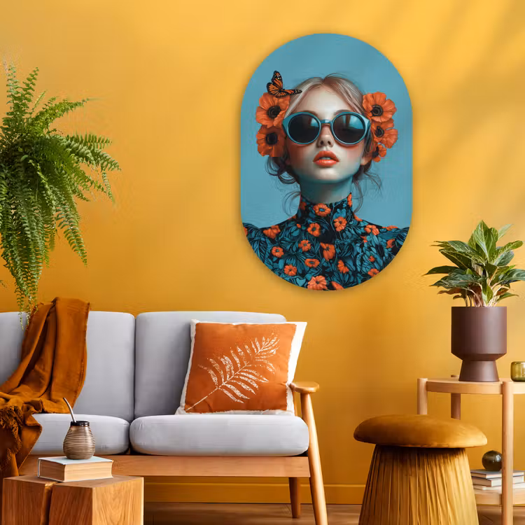 Vrouw - Blauw - Vlinder - Bloemen - Aesthetic Wandcirkel Ovaal Glas middel -sfeer4