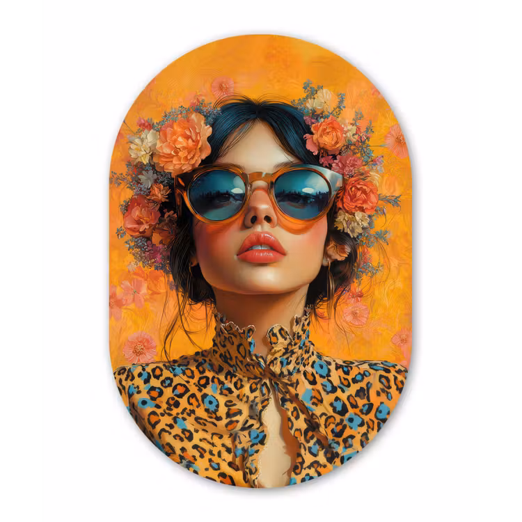 Vrouw - Bloemen - Aesthetic - Oranje Wandcirkel Ovaal Glas middel -3d