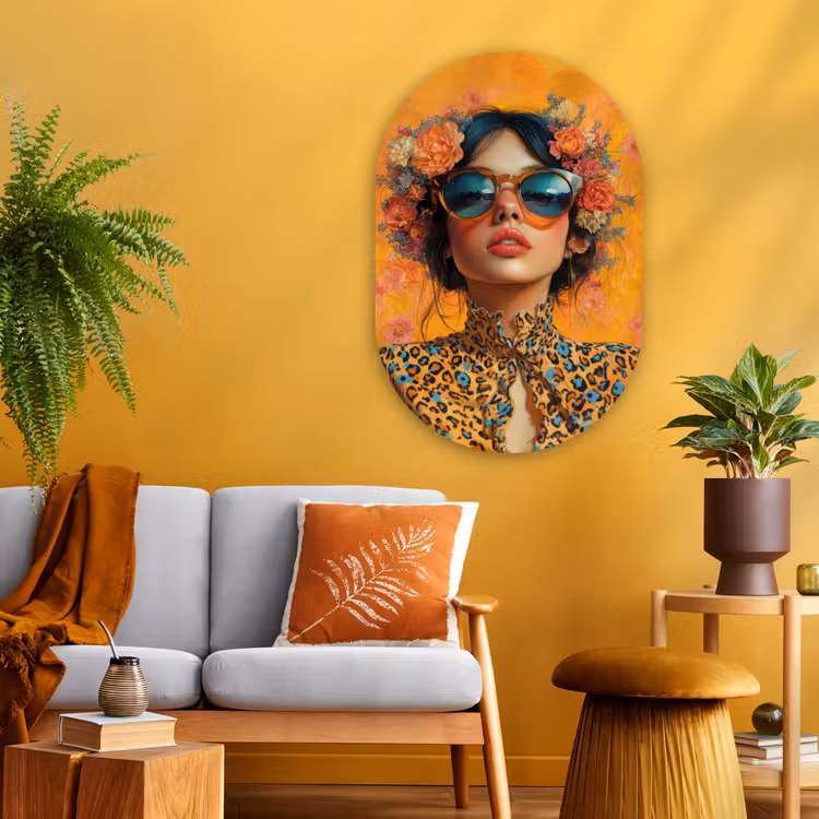 Vrouw - Bloemen - Aesthetic - Oranje Wandcirkel Ovaal Glas middel -sfeer4