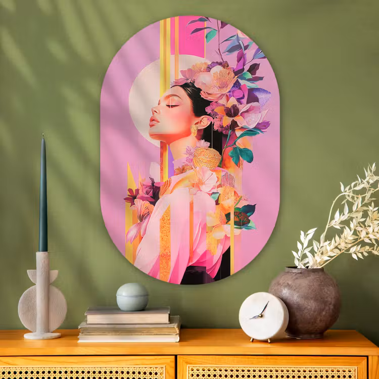 Vrouw - Bloemen - Paars - Abstract Wandcirkel Ovaal Glas middel -sfeer2
