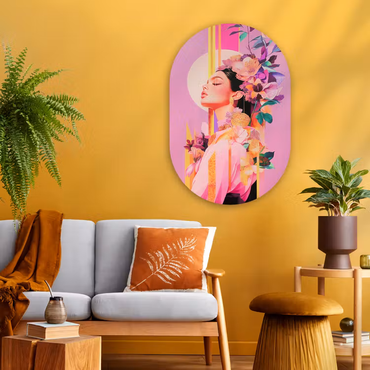 Vrouw - Bloemen - Paars - Abstract Wandcirkel Ovaal Glas middel -sfeer4