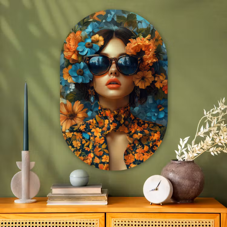 Vrouw - Bloemen - Oranje - Blauw - Modern Wandcirkel Ovaal Glas middel -sfeer2