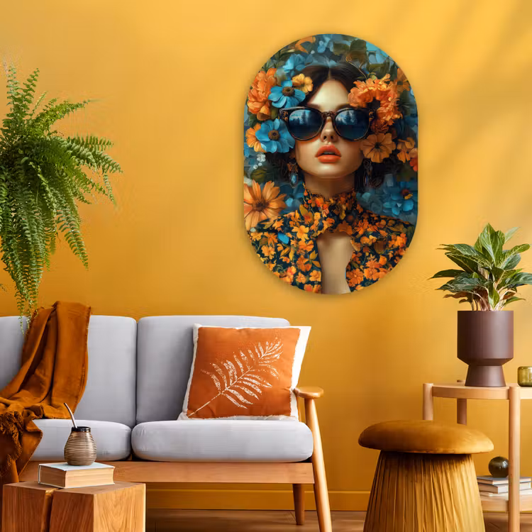 Vrouw - Bloemen - Oranje - Blauw - Modern Wandcirkel Ovaal Glas middel -sfeer4
