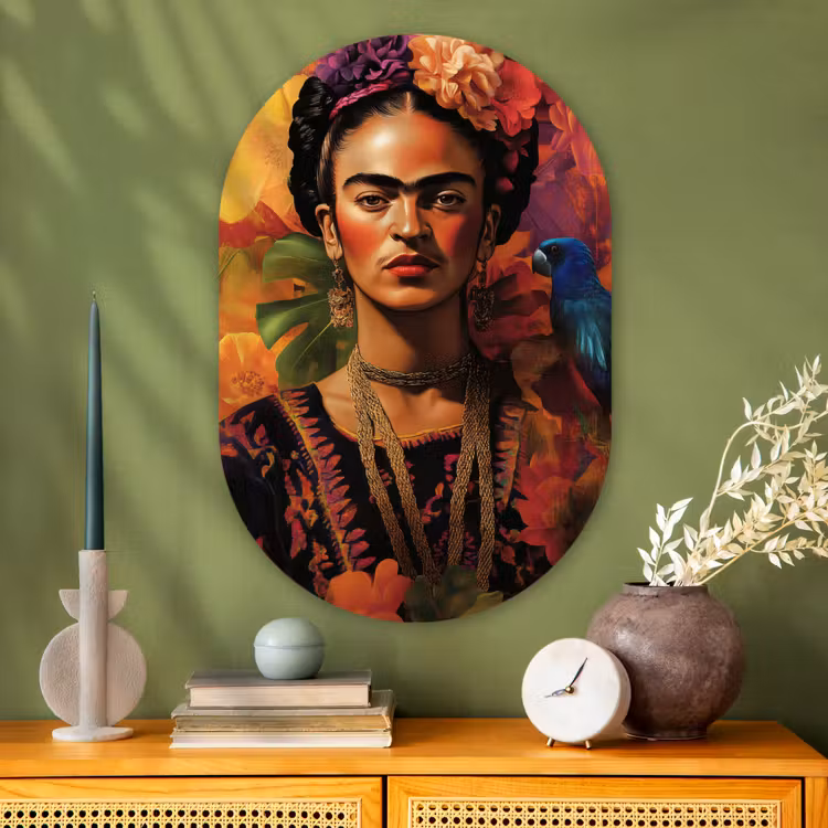 Vrouw - Bloemen - Papegaai - Schilderachtig Wandcirkel Ovaal Glas middel -sfeer2