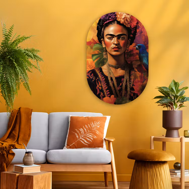 Vrouw - Bloemen - Papegaai - Schilderachtig Wandcirkel Ovaal Glas middel -sfeer4