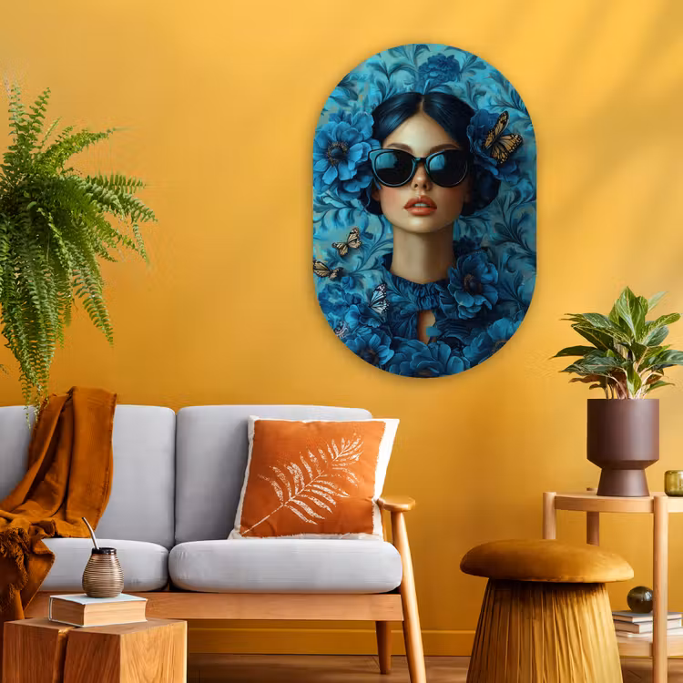 Vrouw - Bloemen - Vlinders - Blauw - Abstract Wandcirkel Ovaal Glas middel -sfeer4