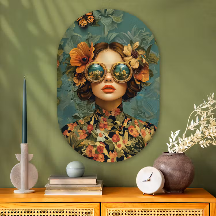 Vrouw - Bloemen - Vlinders - Natuur - Vintage Wandcirkel Ovaal Glas middel -sfeer2