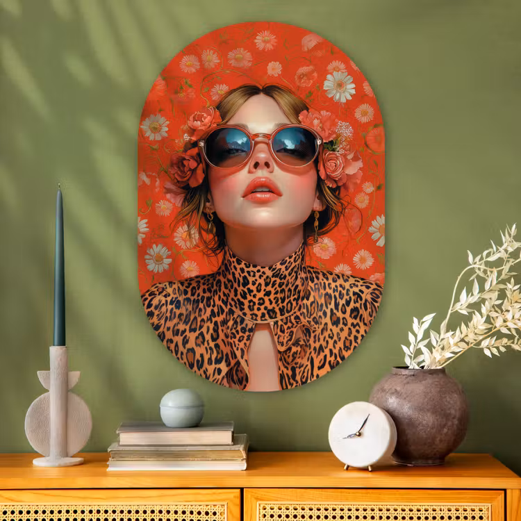 Vrouw - Kleurrijk - Dierenprint - Bloemen Wandcirkel Ovaal Glas middel -sfeer2
