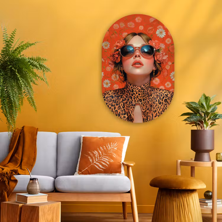 Vrouw - Kleurrijk - Dierenprint - Bloemen Wandcirkel Ovaal Glas middel -sfeer4