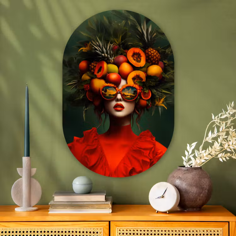 Vrouw - Vruchten - Papaja - Ananas Wandcirkel Ovaal Glas middel -sfeer2