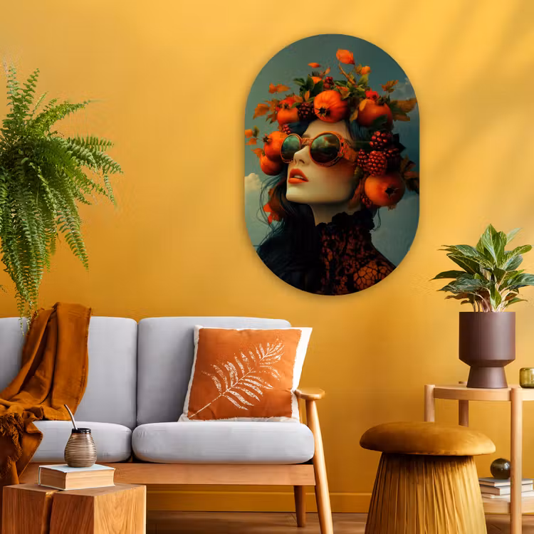 Vrouw - Granaatappel - Herfst - Zonnebril Wandcirkel Ovaal Glas middel -sfeer4