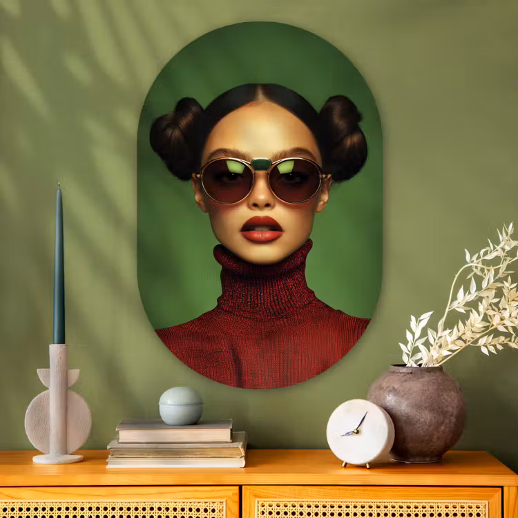 Vrouw - Groen - Bril - Aesthetic - Modern Wandcirkel Ovaal Glas middel -sfeer2
