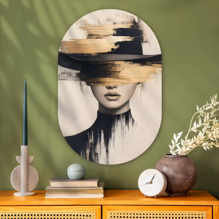 Vrouw - Hoed - Verf Wandcirkel Ovaal Glas middel -sfeer2