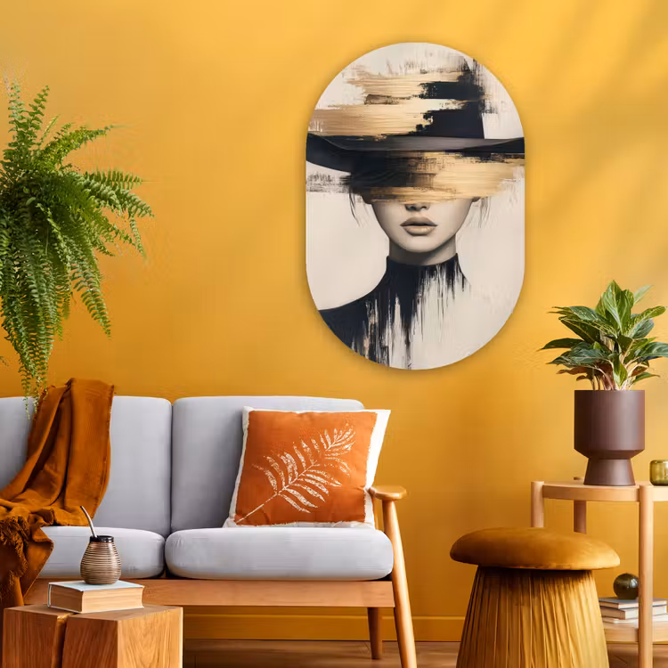 Vrouw - Hoed - Verf Wandcirkel Ovaal Glas middel -sfeer4